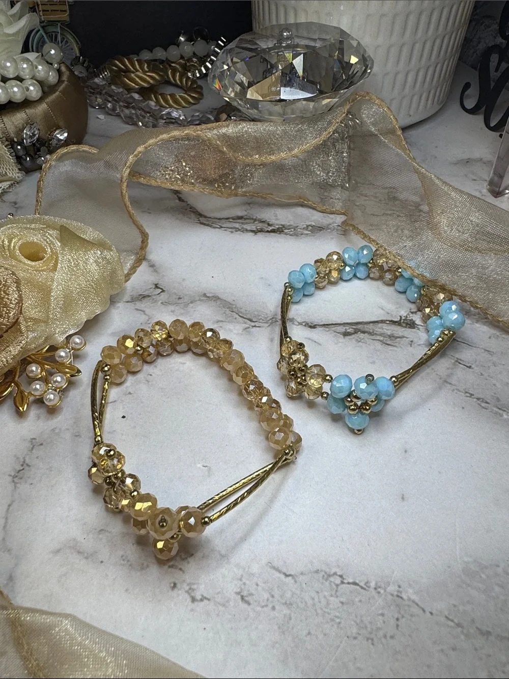 Beaded Flower Stretch Artisan Bracelets - Gold or Light Blue-Made in Mexico NWOT
